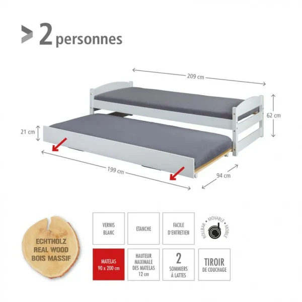 l'unique style Ac-Deco Lit Gigogne 90×200 Cm VINDAS En Bois Massif Blanc 5