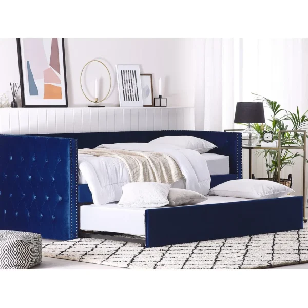 en ligne Beliani Lit Gigogne En Velours Bleu 90 X 200 Cm GASSIN 5
