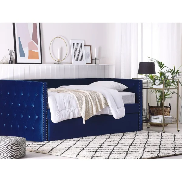 en ligne Beliani Lit Gigogne En Velours Bleu 90 X 200 Cm GASSIN 6