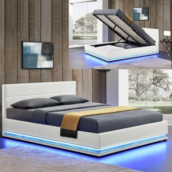 REMISE Meubler Design Lit Led Avec Coffre De Rangement AVA – Blanc – 180×200 1