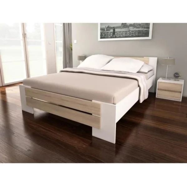 boutique paris SANS MARQUE MAO Lit Adulte Contemporain Melamine Blanc Et Decor Chene Clair – L 14… 1
