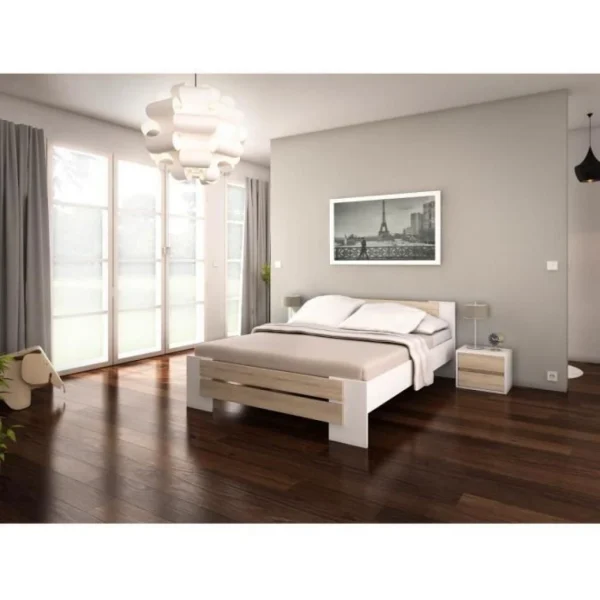 boutique paris SANS MARQUE MAO Lit Adulte Contemporain Melamine Blanc Et Decor Chene Clair – L 14… 3