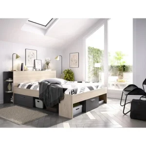CSTORE SAX Lit Adulte – 140×190 Cm – 3 Tiroirs + Tete De Lit Avec Rangement -… Prix très abordable 11