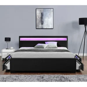 CONCEPT USINE Lit Enfield 160x190cm – Noir – Tête De Lit LED Et Rangements 4 Tiroir… shopping pas cher 9