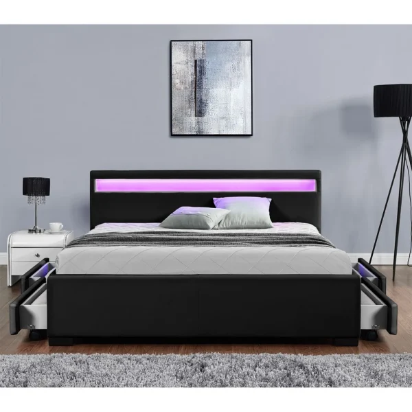 CONCEPT USINE Lit Enfield 160x190cm – Noir – Tête De Lit LED Et Rangements 4 Tiroir… shopping pas cher 3