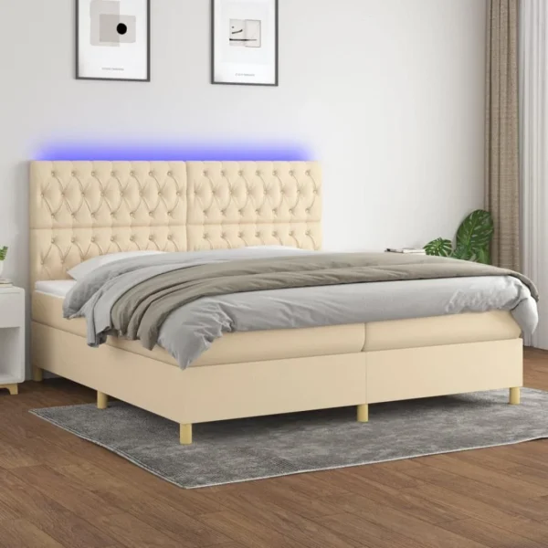 boutique paris VidaXL Sommier Tapissier Et Matelas Et LED Crème 200×200 Cm Tissu 1