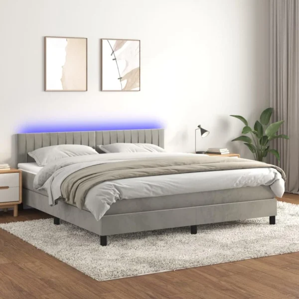 VidaXL Sommier Tapissier Matelas Et LED Gris Clair 160×200 Cm Velours soldes 1