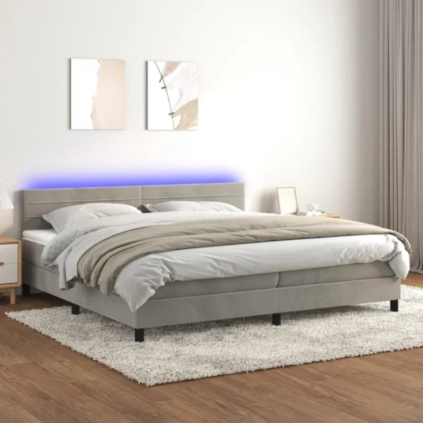 VidaXL Sommier Tapissier Matelas Et LED Gris Clair 200×200 Cm Velours belle 1