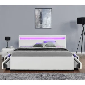 dernières CONCEPT USINE Lit Enfield Blanc – Tête De Lit LED Et Rangement 4 Tiroirs 9