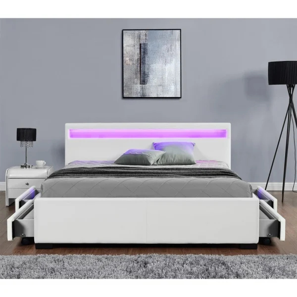 dernières CONCEPT USINE Lit Enfield Blanc – Tête De Lit LED Et Rangement 4 Tiroirs 3